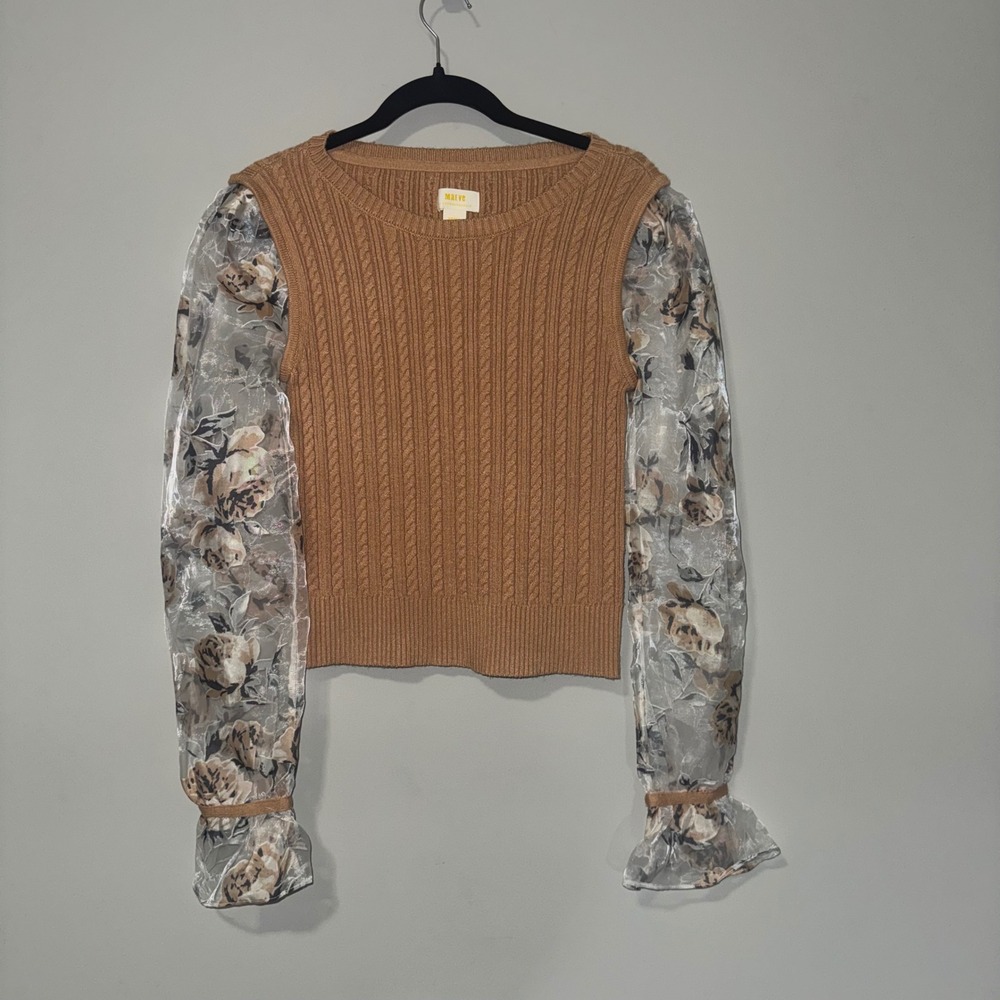 Maeve Anthropologie Cable Knit Sweater Sheer Floral Organza Sleeve Tan Small
